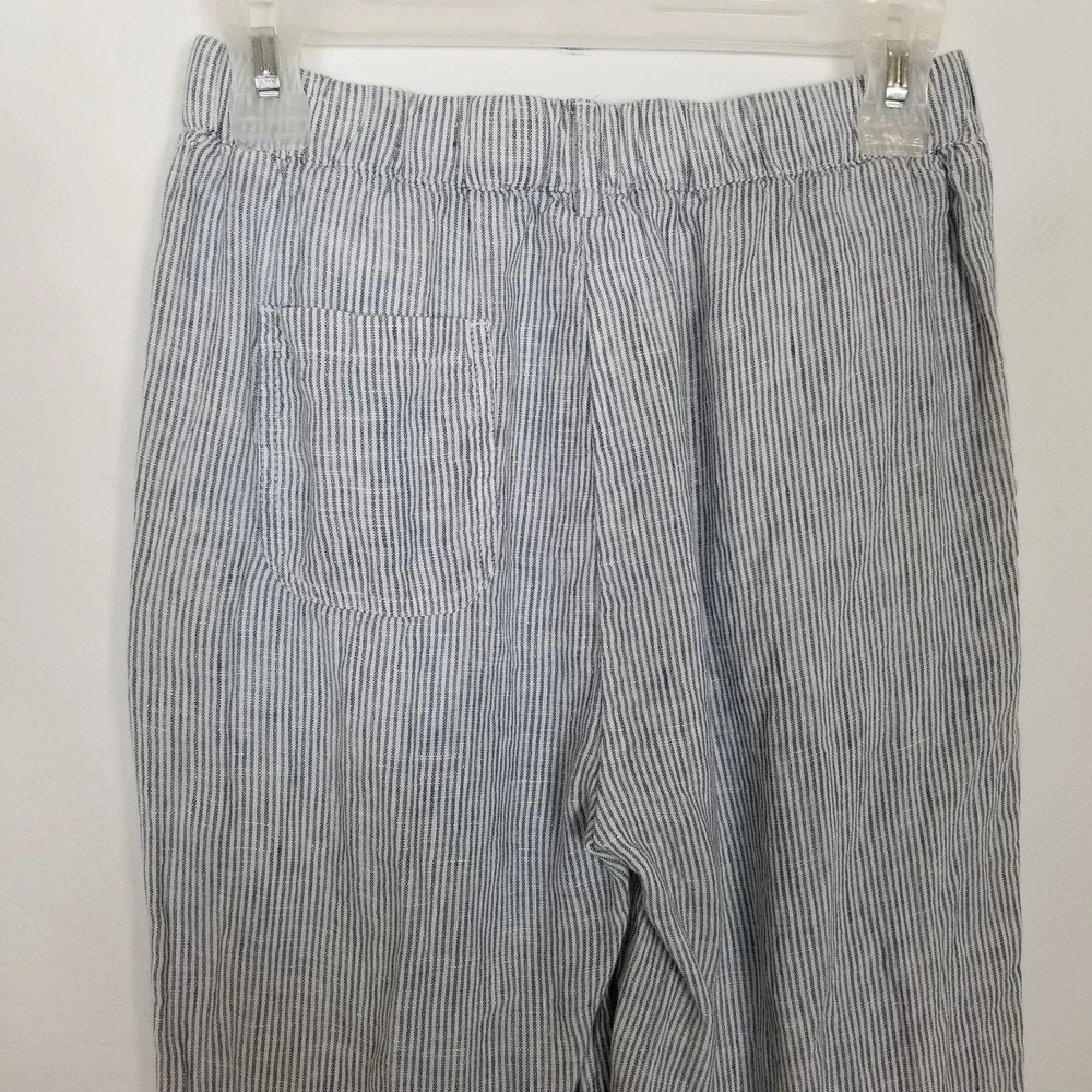 Quince‎ Women Linen Striped Pants Sz XS Blue White Elastic Waist Cropped Boho